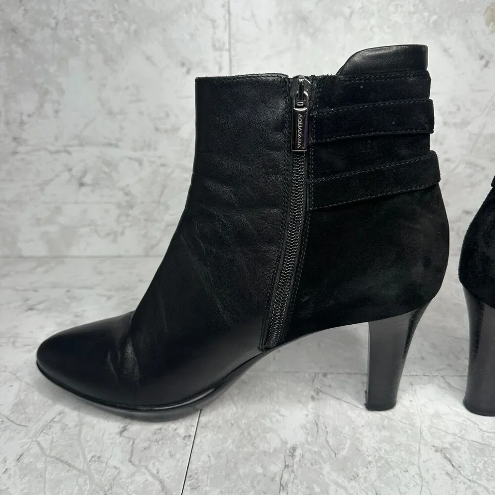Aquatalia Italian Leather Ankle Boots Roma Black Double Buckle